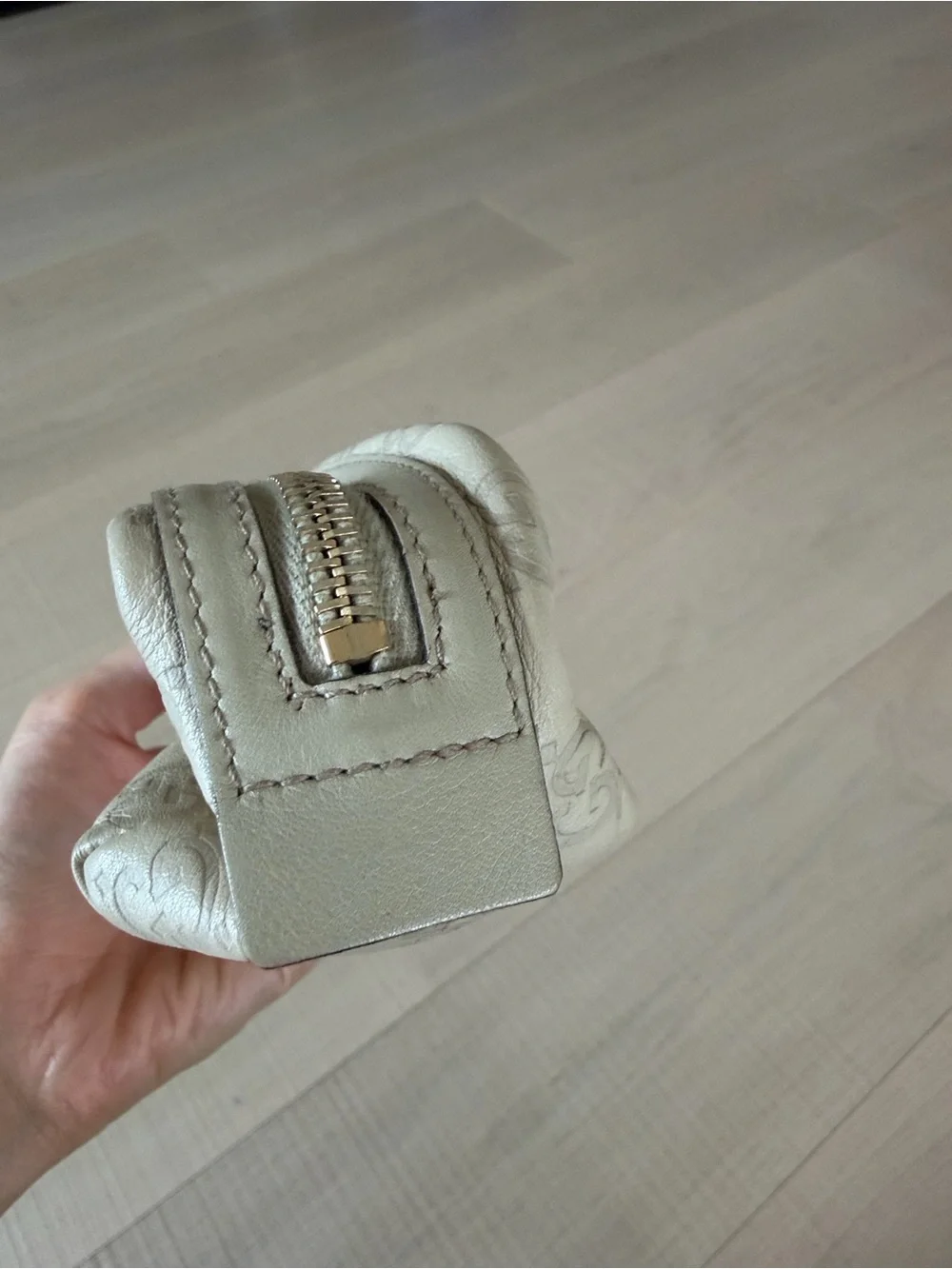 Gucci Guccissima Ivory Leather Zip Cosmetic Pouch with Heart Charm